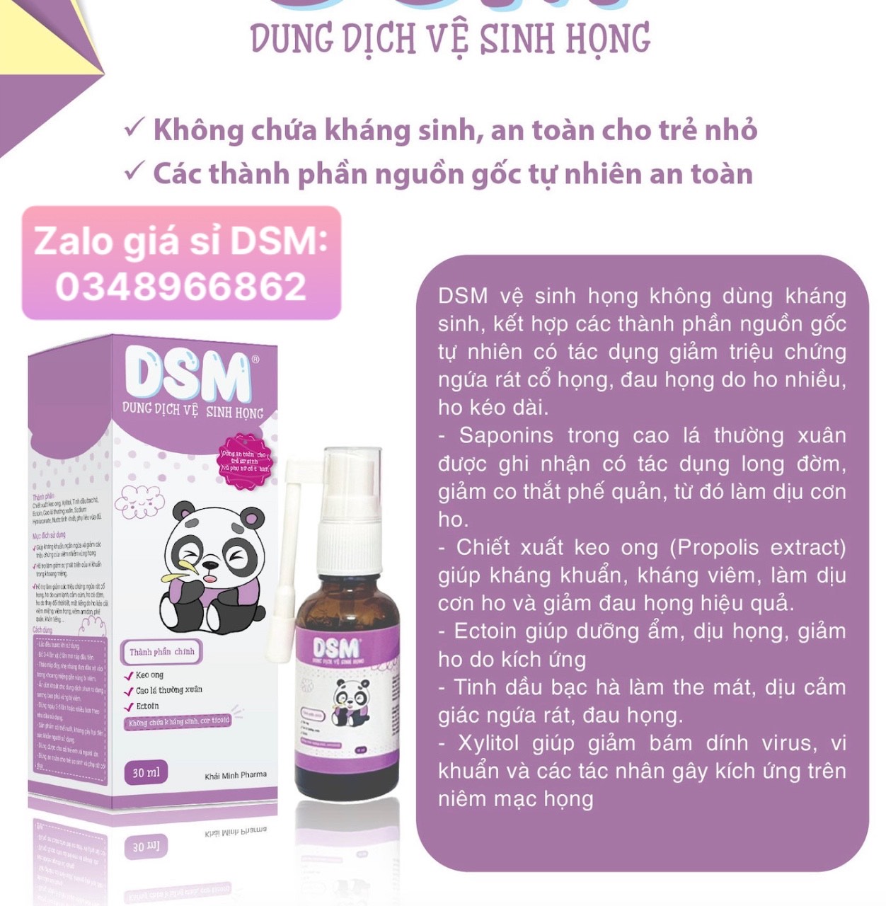 Xịt họng DSM làm sạch giảm ngứa rát cổ họng