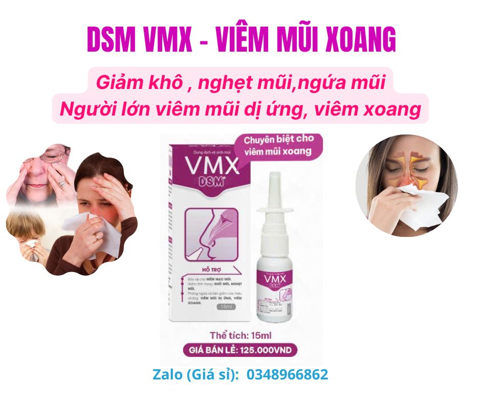 Xịt mũi VMX DSM sạch mũi hỗ trợ giảm và phòng ngừa viêm xoang, viêm mũi dị ứng