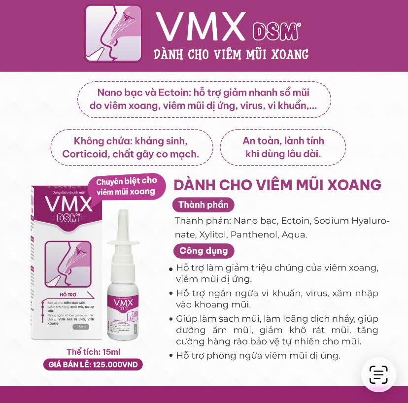 Xịt mũi VMX DSM sạch mũi hỗ trợ giảm và phòng ngừa viêm xoang, viêm mũi dị ứng